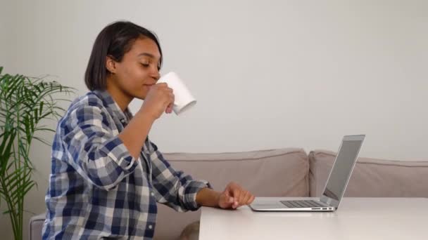 Egy sötét bőrű nő videokapcsolaton keresztül kommunikál az interneten, miközben otthon ül.. — Stock videók
