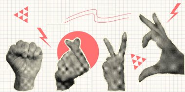 İnsan eliyle yarım ton vektör sanatı. Retro noktalı doku çizimi. Soyut siyah beyaz pop tasarım elementi. Yaratıcı kolaj ya da moda arka planı için modern raster etkisi. Vektör