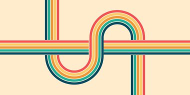 Renkli dalgalı çizgi deseni, 70 'lerden esinlenilmiş retro gökkuşağı vektör tasarımı. Soyut güneş ışığı, klasik psikedelik doku ve kıvrımlı parlak çizgilerle arka planda patladı. Vektör illüstrasyonu