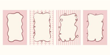 Zarif kurdele ve fiyonklarla çizilmiş yuvarlak ve oval dekoratif çerçeveler. Retro düğün davetiyesi ya da şirin bir doğum günü partisi için mükemmel bir taslak. Vektör illüstrasyonu