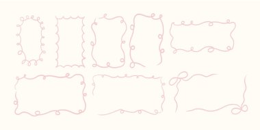 Garip karalama çizgileri, dalgalı kurdele şekilleri ve pembe ruh haliyle eskimiş eskimo tarzıyla sınırlıdır. Davetiye posteri ya da bahar etkinliği için hoş bir klasik çerçeve koleksiyonu. Vektör illüstrasyonu