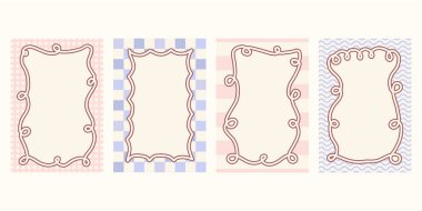 Dalgalı çizgi çerçeveler ve oval sınırlar çiftleşme tarzında çizilmiş. Doğum günü kartı düğünü ya da bahar kokteyli için dekoratif vintage vektör koleksiyonu. Vektör illüstrasyonu