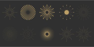 Güneş çizgisi boho gün doğumu altın logo ikonu sanat ay ışığı parlayan bir hat oluşturdu. Sihir ve ışık tasarımı ile eşleşiyor. Minimalist bir göksel element. Vektör illüstrasyonu