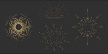 Güneş çizgisi boho gün doğumu simgesi altın logo sanat ay ışığı sakin bir resimde belirir. Bohem dekor ve hafif temalarla çalışıyor. Bir kabile amblemi. Vektör illüstrasyonu