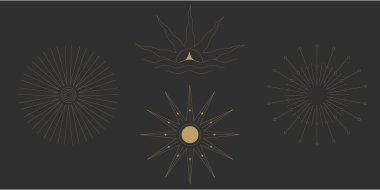 Güneş çizgisi boho gün doğumu altın logo ikonu sanat simgesi ay ışığı en az görüntüyü oluşturur. Sihir ve farkındalık tasarımı için parlıyor. Temiz bir gök sembolü. Vektör illüstrasyonu