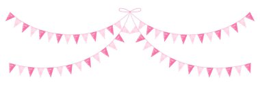 Açık pembe bir çelenk ve küçük üçgen bayraklar. Doğum günü partisindeki küçük kızın doğum günü partisi için süsleme ipliği. Güzel, ıssız suluboya bir klişe. Vektör illüstrasyonu