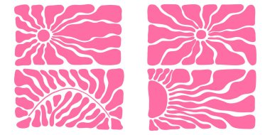 Radyal çizgili ve kıvrımlı dalgalı klasik Boho güneş patlaması deseni. Soyut retro güneş ışığı arka planı, cesur geometrik ışınlar ve parlak yaz renkleriyle tuhaf 60 'lı yılların illüstrasyonu. Vektör illüstrasyonu