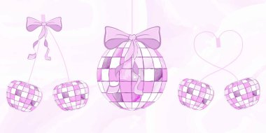 Disko yay kirazı, pembe top vektörü ve arka plan ayna posteri. Eski simli mor bir ikon partisi ve 3D 80 'lerin dansı. 70 'lerin topuyla dekorasyon diskosu. Vektör