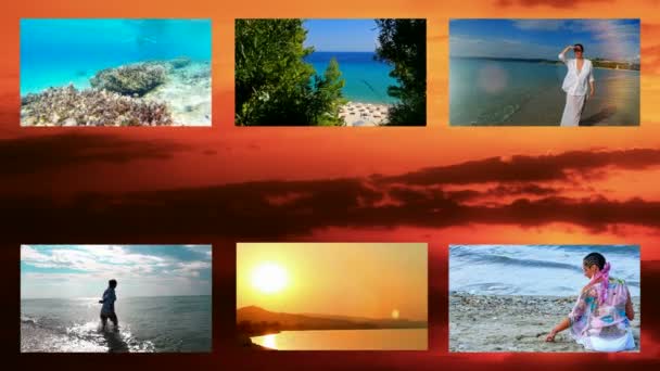 Turystyczna lato i wakacje na morzu - podzielony ekran — Wideo stockowe