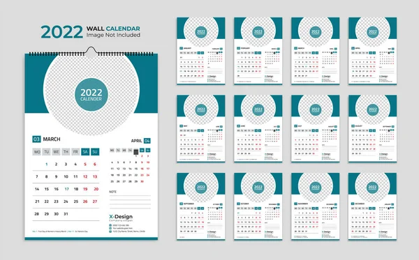 Calendario Pared 2022 Planificador Anual Con Todos Los Meses Horario — Vector de stock