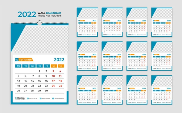 Calendário Parede 2022 Planeador Anual Com Todos Meses Horário Escolar — Vetor de Stock