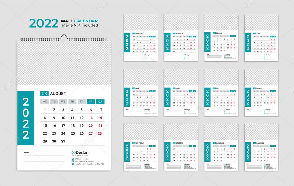 Wall calendar 2022. Yearly planner with all months. School and company schedule.
