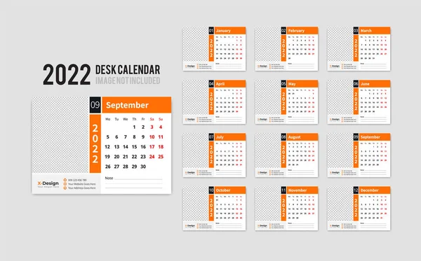 2022 Scrivania Calendario Planner Modello Set Società Aziendale Inizio Settimana — Vettoriale Stock