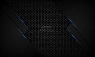 Siyah soyut çakışan boyut arkaplanı. Parlak mavi metalik ve altıgen desenli doku. Modern vektör tasarım şablonu.