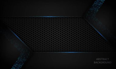 Altıgen deseninde siyah soyut çakışma boyutu arka planı. Renkli mavi, parlak mavi metalik yarım tonlu parıldıyor. Vektör illüstrasyonu.