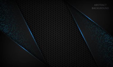 Altıgen deseninde siyah soyut çakışma boyutu arka planı. Renkli mavi, parlak mavi metalik yarım tonlu parıldıyor. Vektör illüstrasyonu.