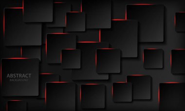Teknoloji geçmişi. Kağıt kare şekilli siyah soyut 3D arka plan. Geometrik desen dokusu kırmızı ışık ve üst üste biniyor. Modern arkaplan.