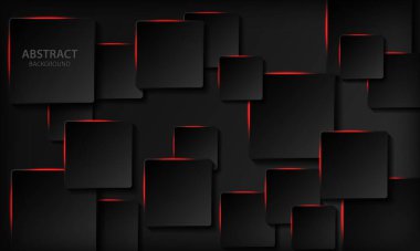 Teknoloji geçmişi. Kağıt kare şekilli siyah soyut 3D arka plan. Geometrik desen dokusu kırmızı ışık ve üst üste biniyor. Modern arkaplan.