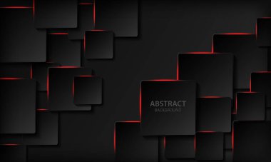 Teknoloji geçmişi. Kağıt kare şekilli siyah soyut 3D arka plan. Geometrik desen dokusu kırmızı ışık ve üst üste biniyor. Modern arkaplan.