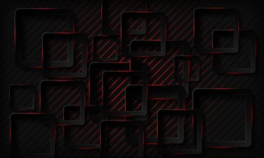 Kırmızı parlak neon ışığı soyut arka planına sahip siyah teknoloji kareleri. Geometrik desenli doku ve üst üste binen katman. Modern teknoloji arka planı.