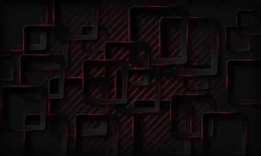 Kırmızı parlak neon ışığı soyut arka planına sahip siyah teknoloji kareleri. Geometrik desenli doku ve üst üste binen katman. Modern teknoloji arka planı.