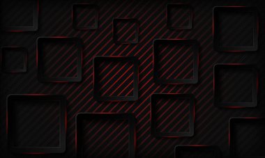 Kırmızı parlak neon ışığı soyut arka planına sahip siyah teknoloji kareleri. Geometrik desenli doku ve üst üste binen katman. Modern teknoloji arka planı.
