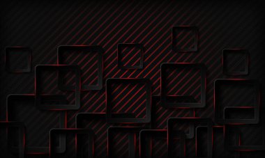 Kırmızı parlak neon ışığı soyut arka planına sahip siyah teknoloji kareleri. Geometrik desenli doku ve üst üste binen katman. Modern teknoloji arka planı.