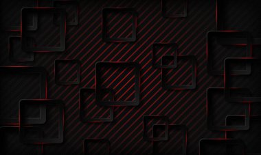 Kırmızı parlak neon ışığı soyut arka planına sahip siyah teknoloji kareleri. Geometrik desenli doku ve üst üste binen katman. Modern teknoloji arka planı.