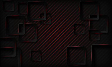 Kırmızı parlak neon ışığı soyut arka planına sahip siyah teknoloji kareleri. Geometrik desenli doku ve üst üste binen katman. Modern teknoloji arka planı.