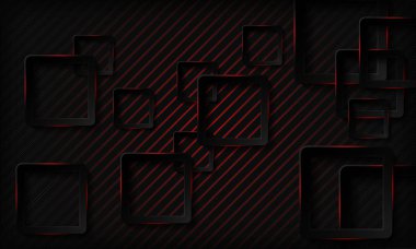 Kırmızı parlak neon ışığı soyut arka planına sahip siyah teknoloji kareleri. Geometrik desenli doku ve üst üste binen katman. Modern teknoloji arka planı.