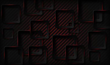 Kırmızı parlak neon ışığı soyut arka planına sahip siyah teknoloji kareleri. Geometrik desenli doku ve üst üste binen katman. Modern teknoloji arka planı.