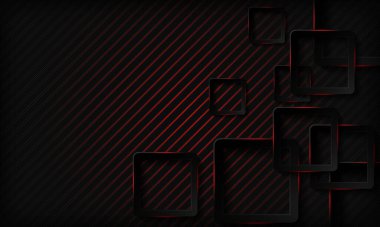 Kırmızı parlak neon ışığı soyut arka planına sahip siyah teknoloji kareleri. Geometrik desenli doku ve üst üste binen katman. Modern teknoloji arka planı.