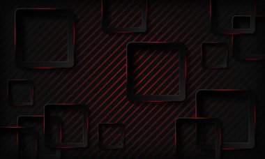 Kırmızı parlak neon ışığı soyut arka planına sahip siyah teknoloji kareleri. Geometrik desenli doku ve üst üste binen katman. Modern teknoloji arka planı.