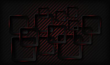 Kırmızı parlak neon ışığı soyut arka planına sahip siyah teknoloji kareleri. Geometrik desenli doku ve üst üste binen katman. Modern teknoloji arka planı.