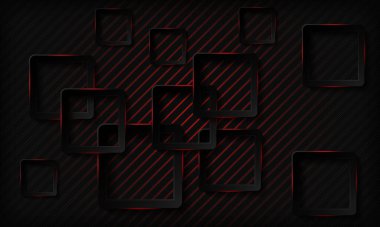 Kırmızı parlak neon ışığı soyut arka planına sahip siyah teknoloji kareleri. Geometrik desenli doku ve üst üste binen katman. Modern teknoloji arka planı.