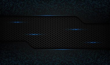 Altıgen deseninde siyah soyut çakışma boyutu arka planı. Renkli mavi, parlak mavi metalik yarım tonlu parıldıyor. Vektör illüstrasyonu.