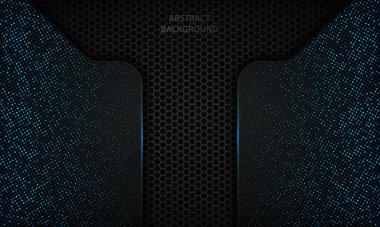 Altıgen deseninde siyah soyut çakışma boyutu arka planı. Renkli mavi, parlak mavi metalik yarım tonlu parıldıyor. Vektör illüstrasyonu.