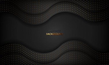 Kağıt kesiği kavramına sahip siyah soyut bir zemin. Altın parıltılı doku nokta elementi ve dalgalı örtüşen katman. Modern koyu arkaplan.