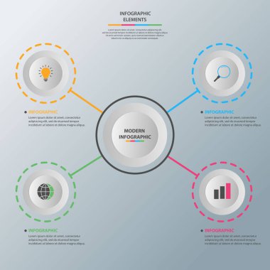 Bilgi elementleri. İş konsepti zaman çizelgesi. Modern bilgi şablonu. İş akışı düzeni, diyagram, pankart, web tasarımı, sunum için kullanılabilir. Vektör illüstrasyonu