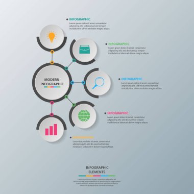 Bilgi elementleri. İş konsepti zaman çizelgesi. Modern bilgi şablonu. İş akışı düzeni, diyagram, pankart, web tasarımı, sunum için kullanılabilir. Vektör illüstrasyonu