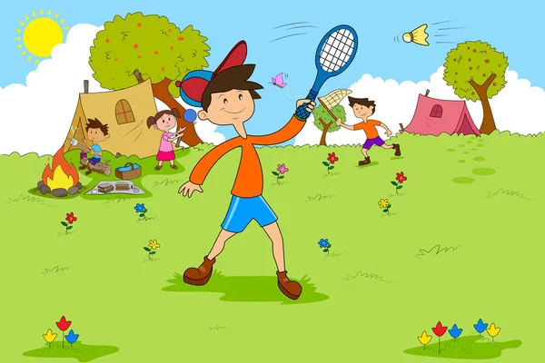 Niños disfrutando de actividades de campamento de verano — Vector de stock