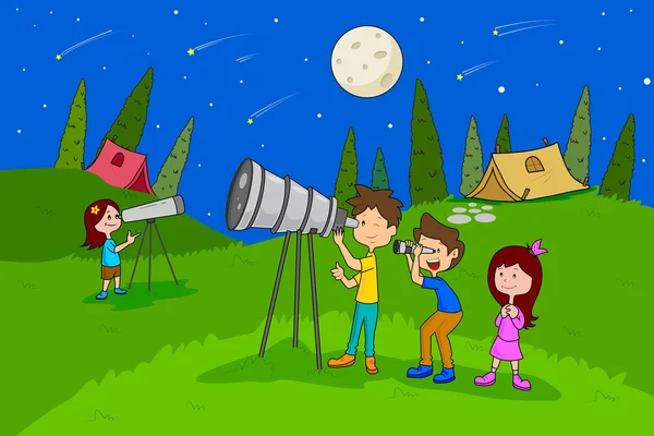 Children enjoying summer camp star gazing activities — Stock Vector