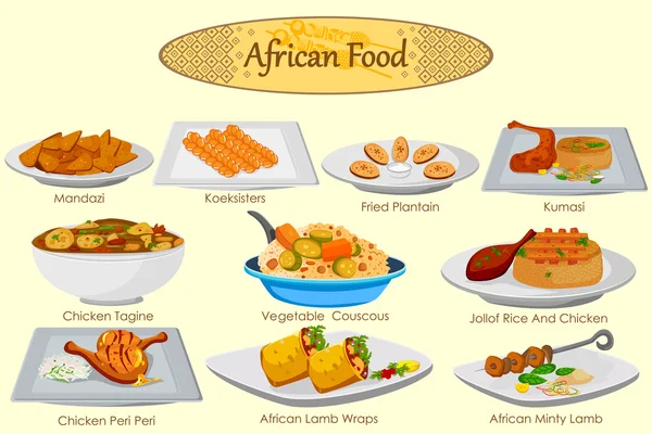 Colección de deliciosa comida africana — Vector de stock