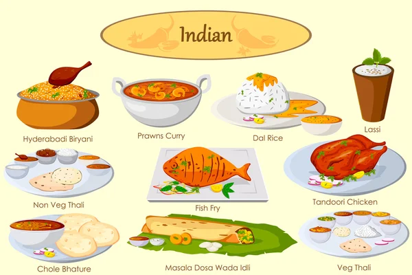 Collection of delicious Indian food — Stock Vector