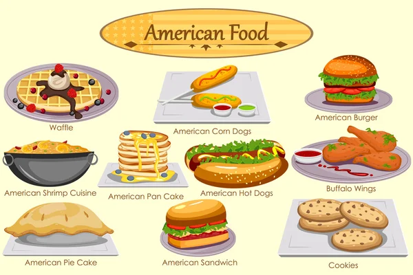 Coleção de deliciosa comida americana — Vetor de Stock