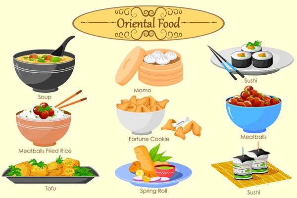 Collection of delicious Oriental food — Stock Vector