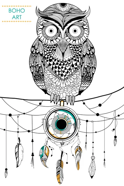 Hibou de style boho tribal avec attrape-rêves — Image vectorielle