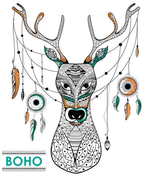 Tribal boho style deer with dream catcher — Stock Vector