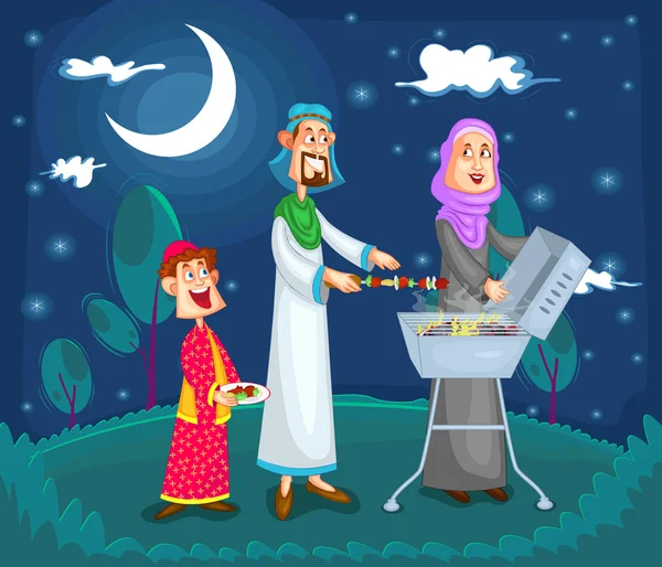 Familia musulmana disfrutando de barbacoa — Vector de stock