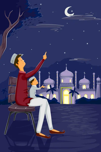 Muslim keluarga menonton bulan Idul Fitri - Stok Vektor